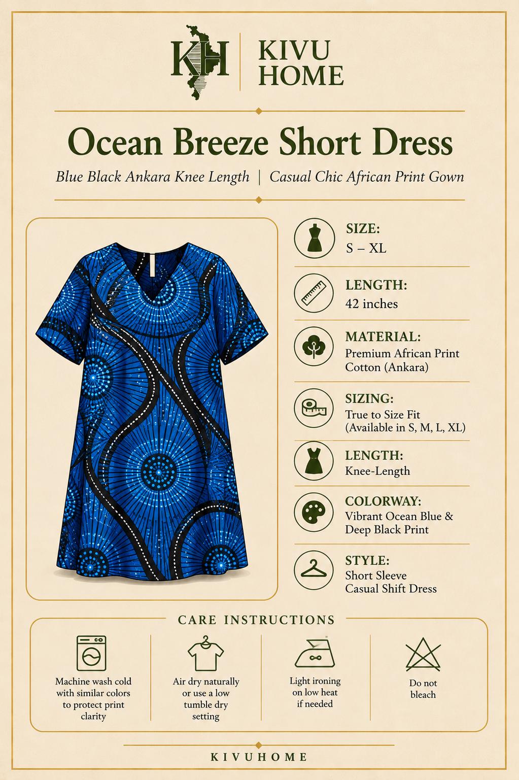 Ocean Breeze Short Dress | Blue Black Ankara Knee Length | Casual Chic African Print Gown