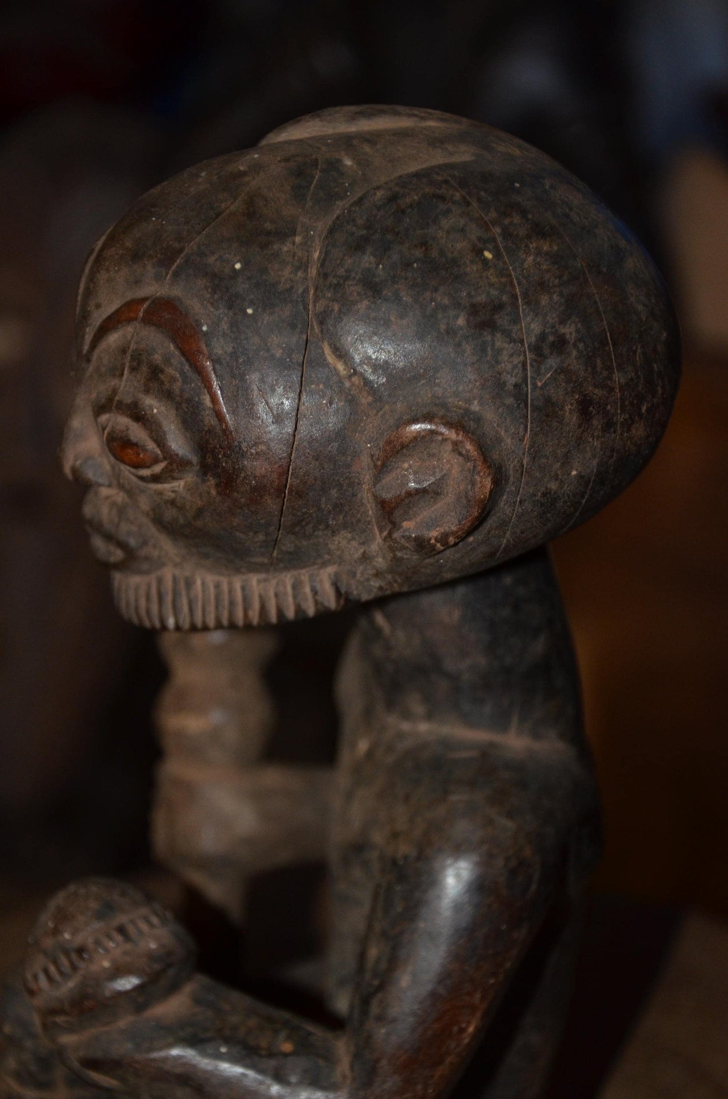 Luba Hemba Ancestor Figure | Seated Chief with Staff & Child | Tribal Wood Statue