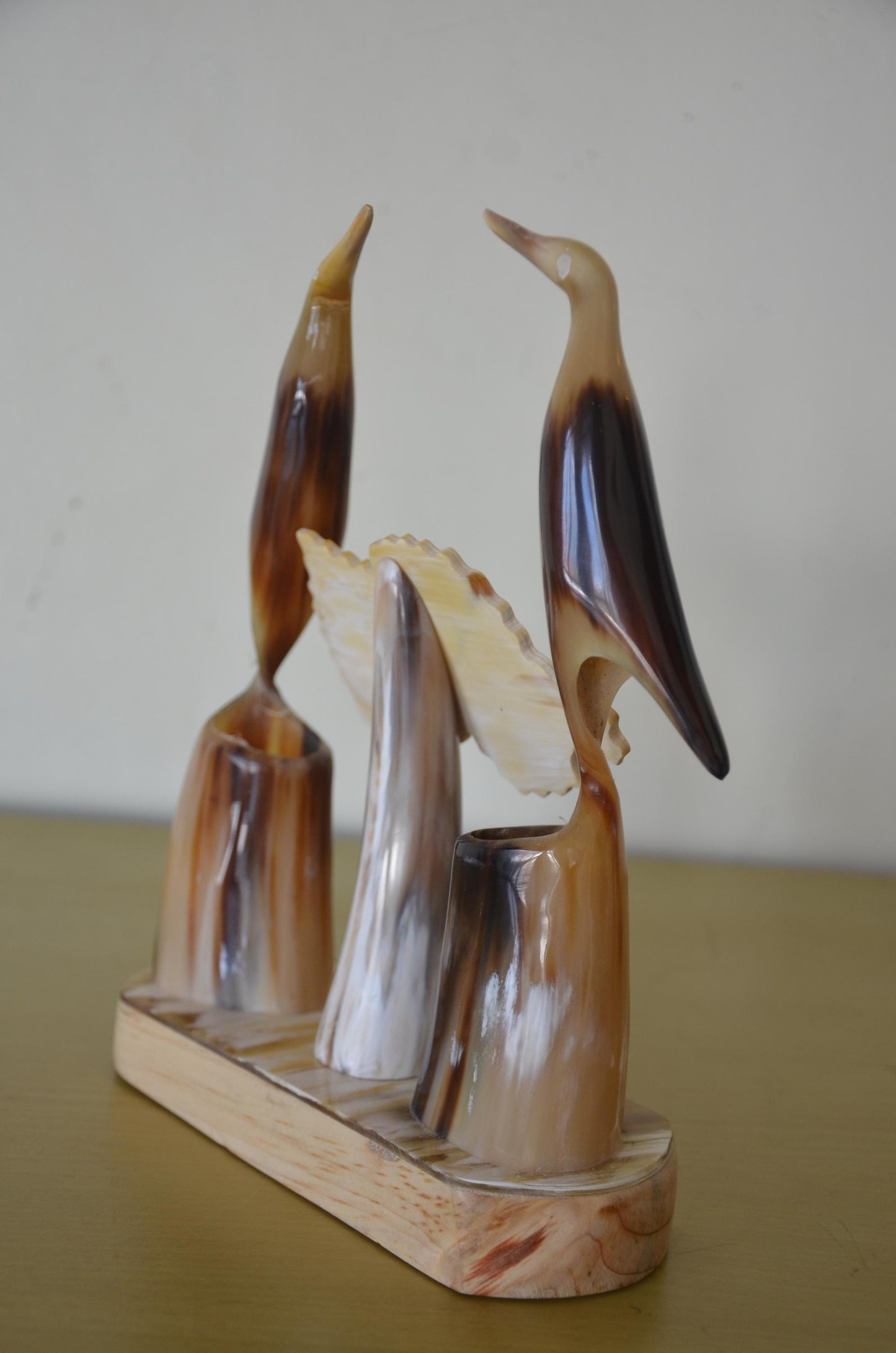 Handcrafted African Ankole Cow Horn Desk Organizer | Polished Bull Horn Bird Sculpture