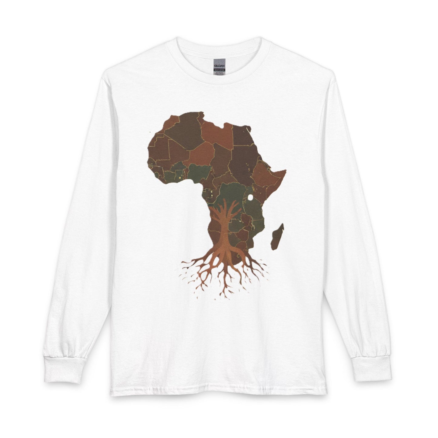 Africa Roots Long Sleeve Tee — Brown Map & Tree Roots Graphic