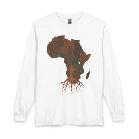 Africa Roots Long Sleeve Tee — Brown Map & Tree Roots Graphic