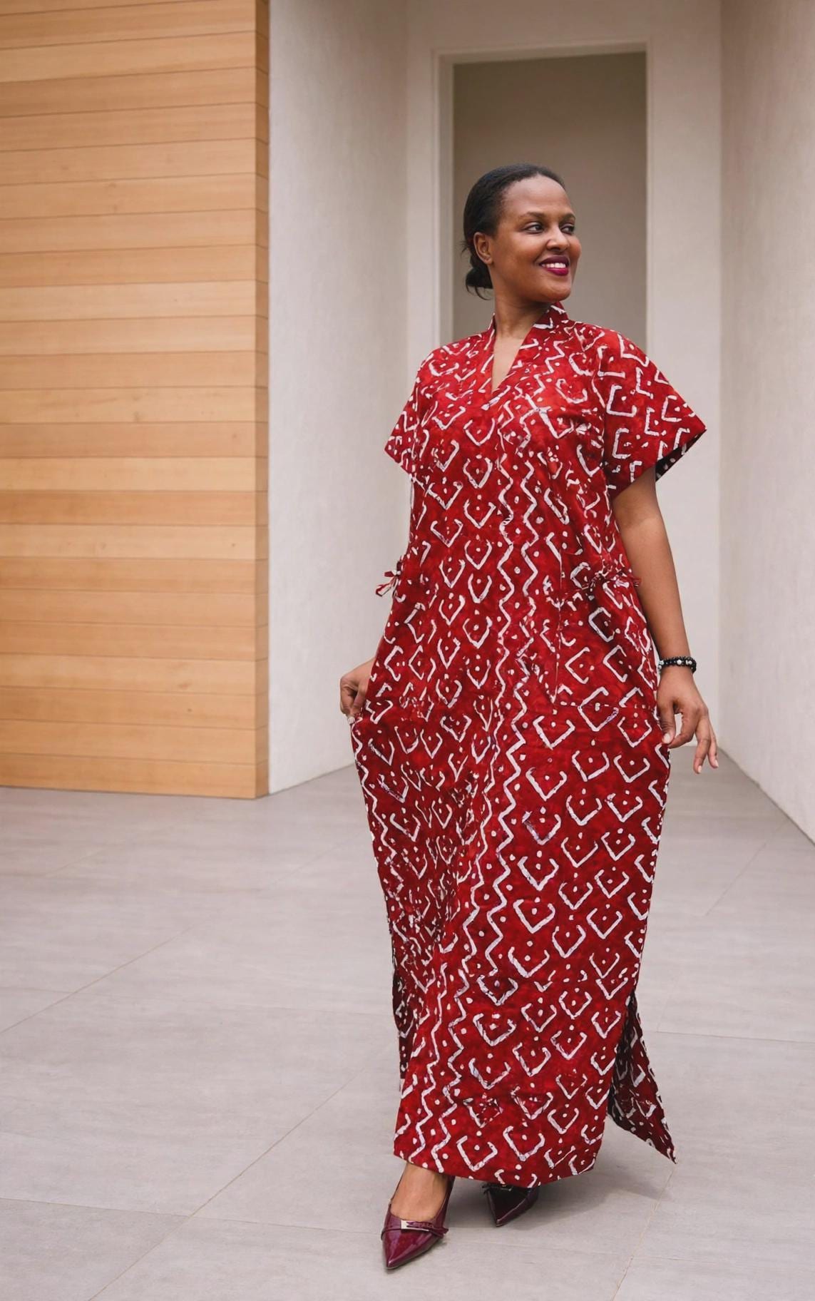 Geometric Rhombus Boubou Gown | Monochromatic Red Kaftan, Chevron-Frame Maxi