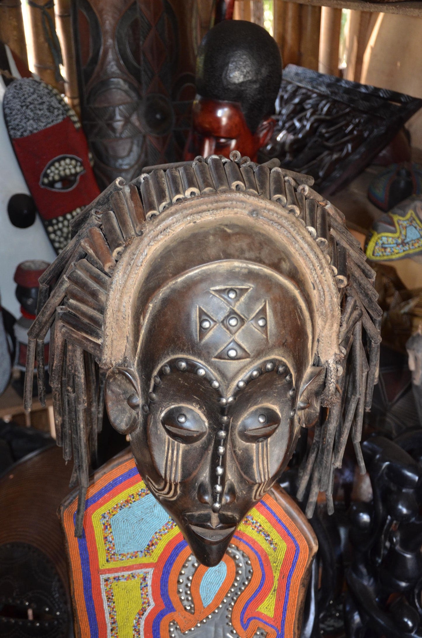 Authentic African Chokwe Mwana Pwo Mask - 19" Beaded Stand Display, Metallic Stud Details, Elegant Angola Tribal Wood Carving.