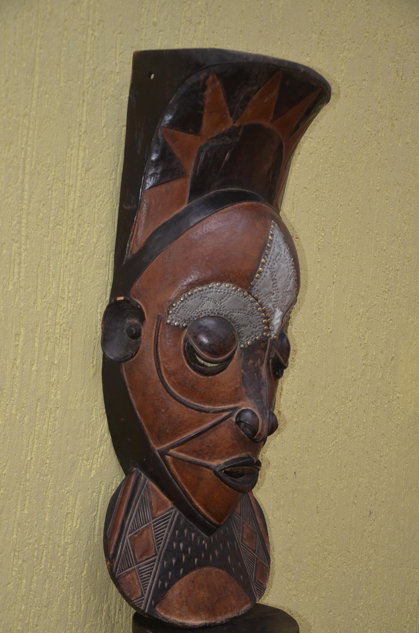Marka African Mask – 34" Large Hand-Carved Wood & Brass Mask – Mali Wall Art.