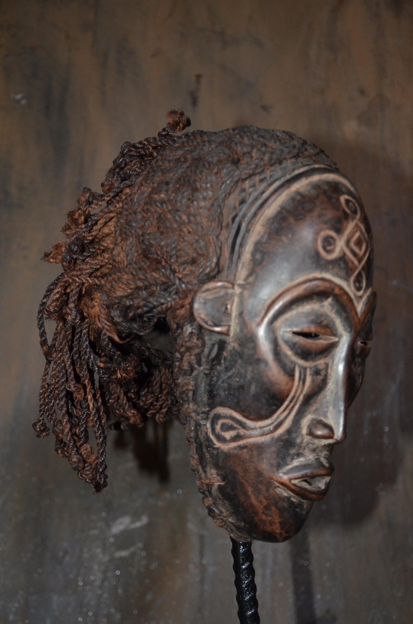 Authentic Chokwe Pwo Mask - 12" Hand-Carved Wood Female Ancestor Mask, Angolan Tribal Art, Woven Fiber Hair.