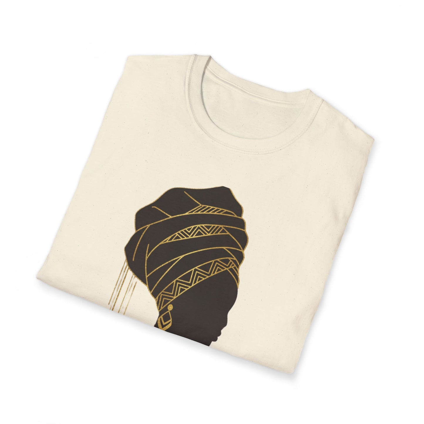 African Goddess Silhouette T-Shirt — Black Woman Profile with Gold Headwrap