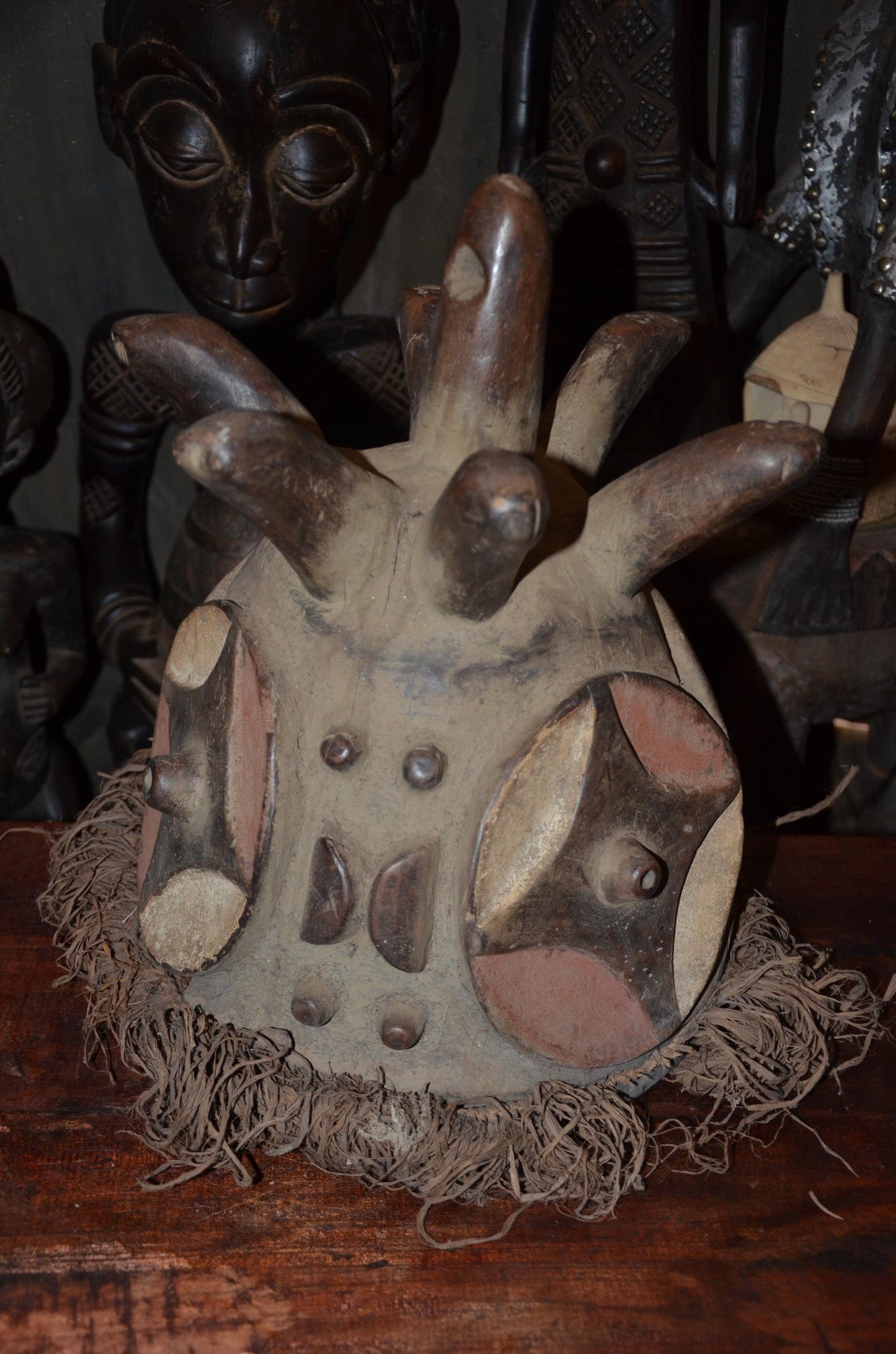 Authentic Luba or Songye Zoomorphic Helmet Mask - 17" Multi-Horned Kifwebe Art, Congo Polychrome Face Mask, High-End Tribal Wall Sculpture.