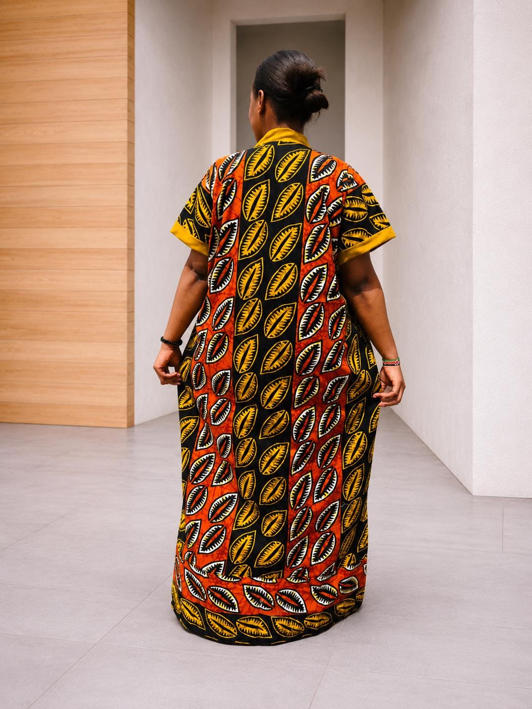 Color-Blocked Mustard Leaf Kaftan | Paneled Botanical Maxi, Trimmed Bubu