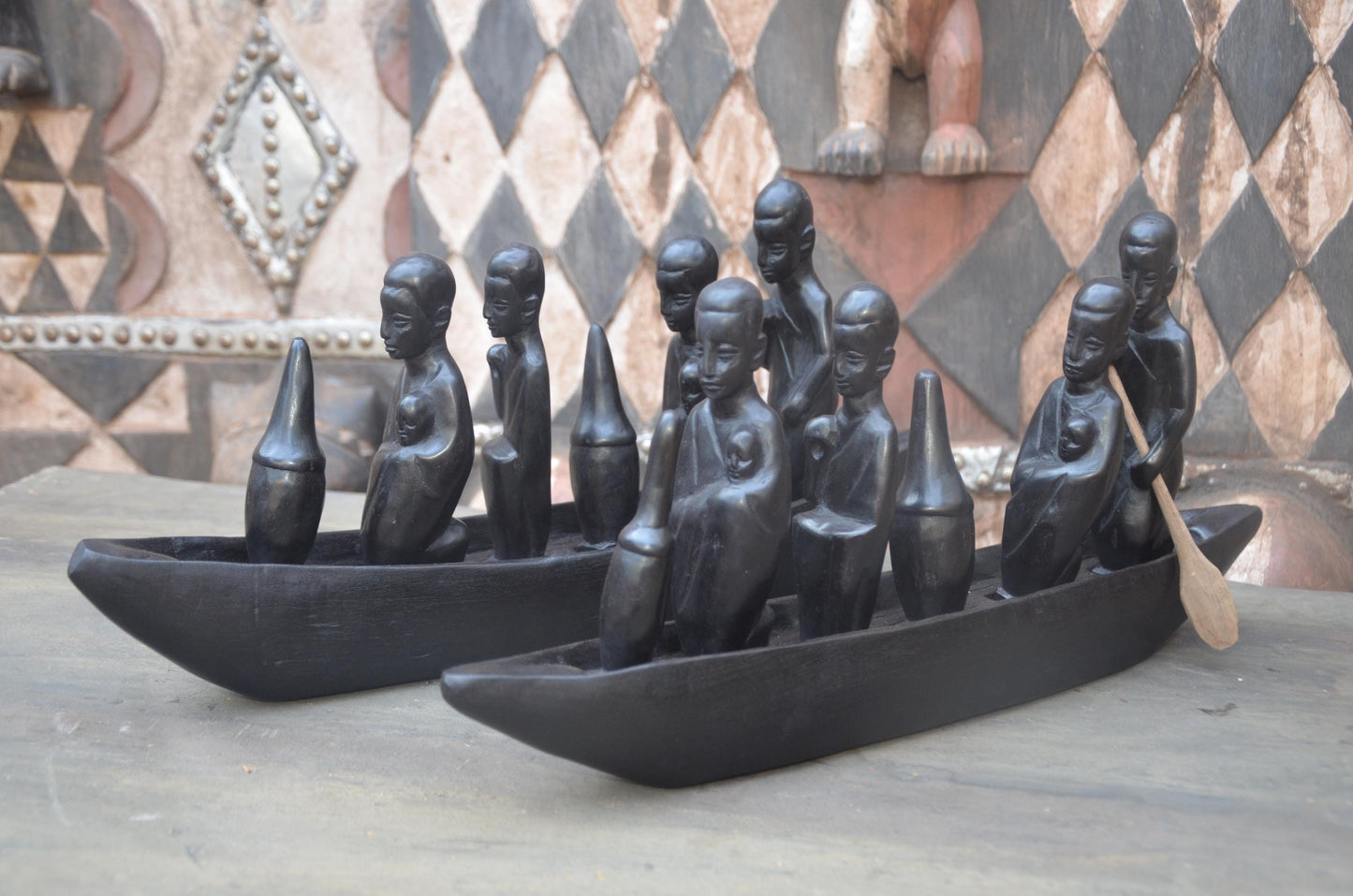 Set of 2 Hand-Carved African Canoe Sculptures | Fisherman Decor