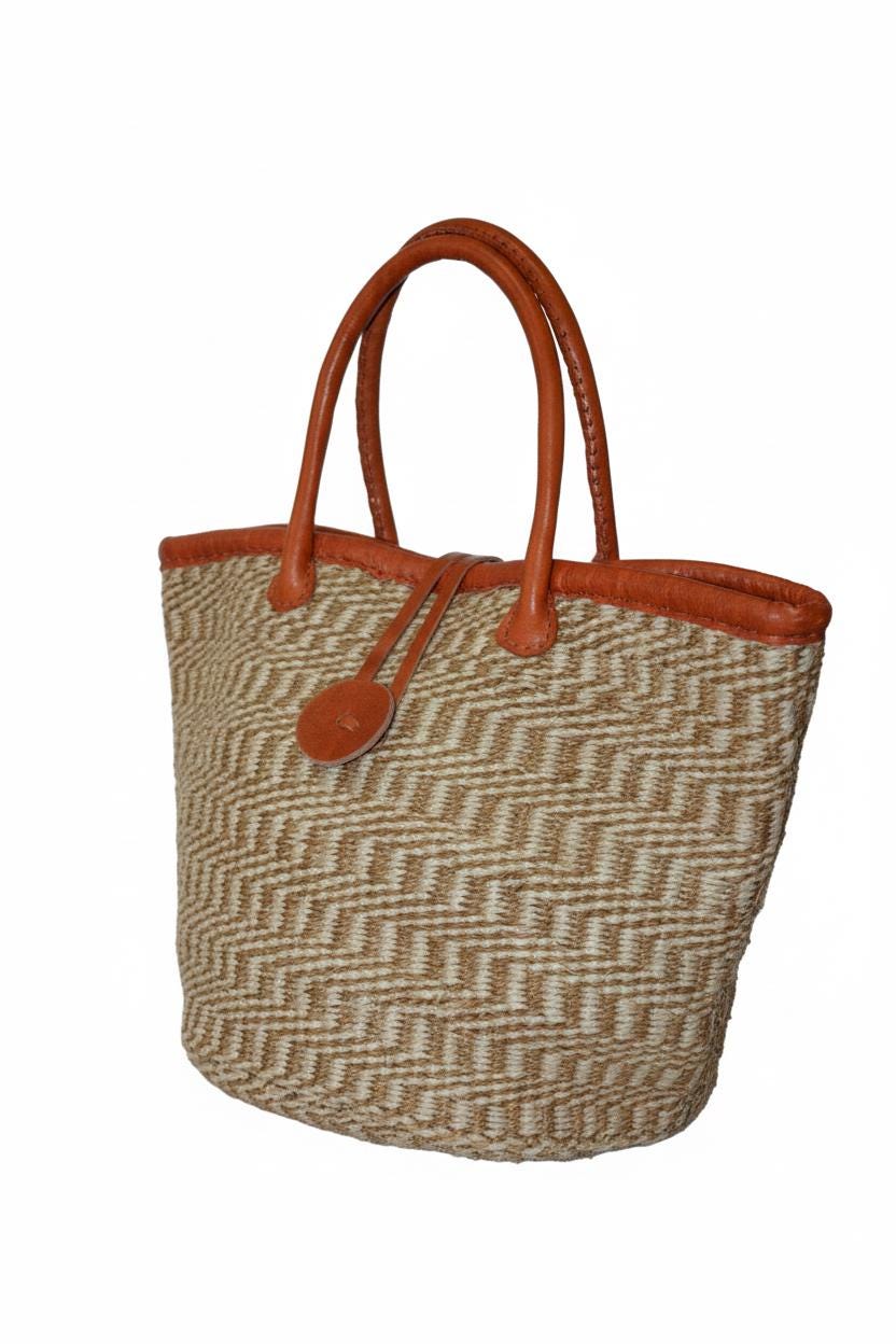 Medium Handwoven Sisal Bag, African Kiondo Basket Tote, Sustainable Boho Everyday Shoulder Bag, 18 Inches