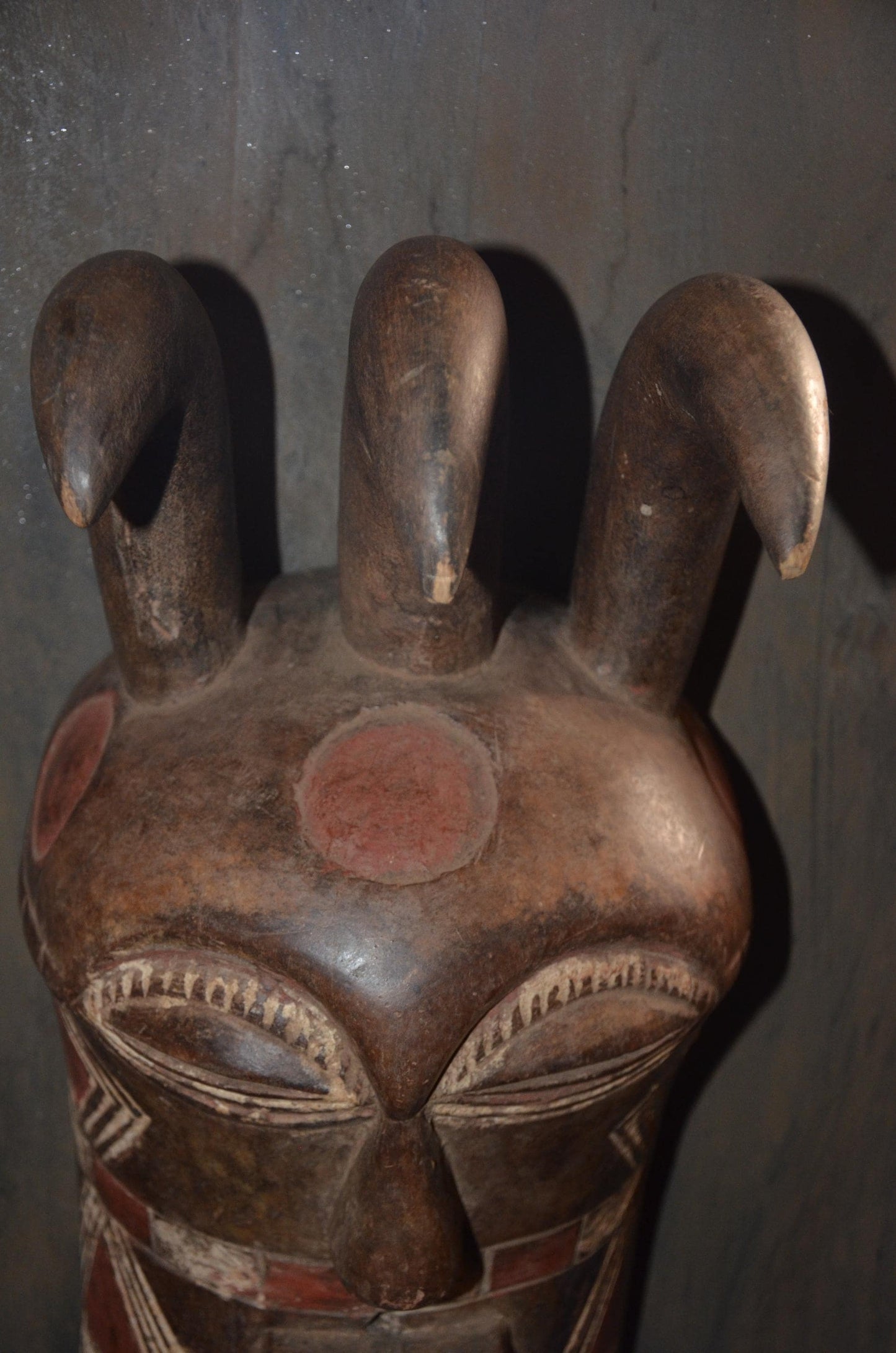 Marka Ntomo Polychrome Mask - 21" Authentic Mali Maraka Wood Carving, Three-Horned Initiation Face Mask.