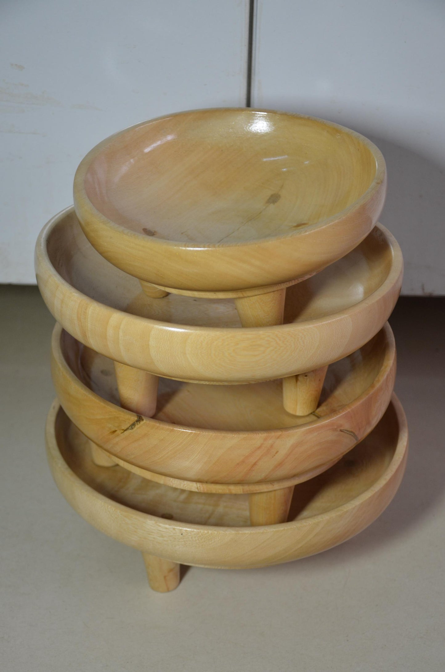 Set of 4 Footed Wooden Bowls | Natural Blonde Wood Decorative Fruit Dish Set