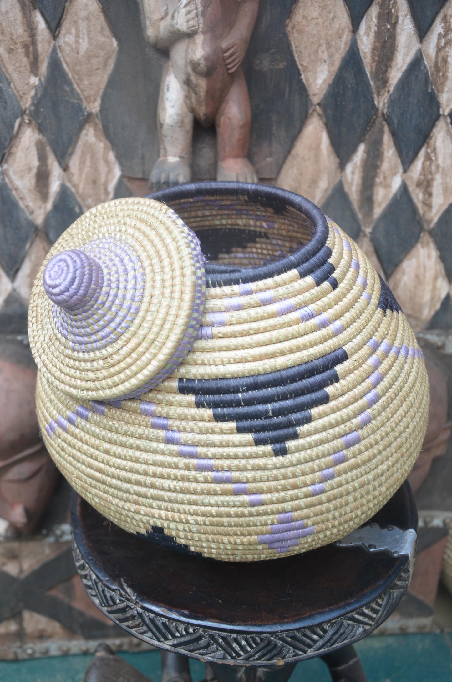Rwandan Lidded Basket | Charcoal & Lavender Woven Storage | Artisan Home Decor