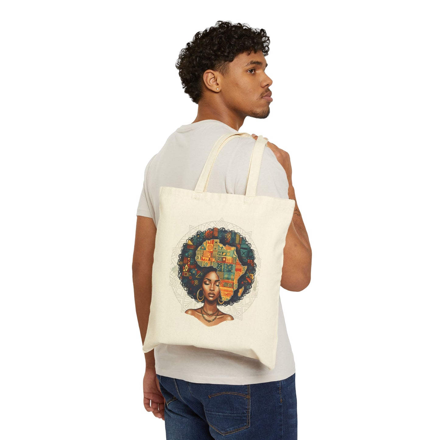 Canvas Tote Bag — Afrocentric Art Portrait Tote, Colorful Cityscape Afro Hair Design