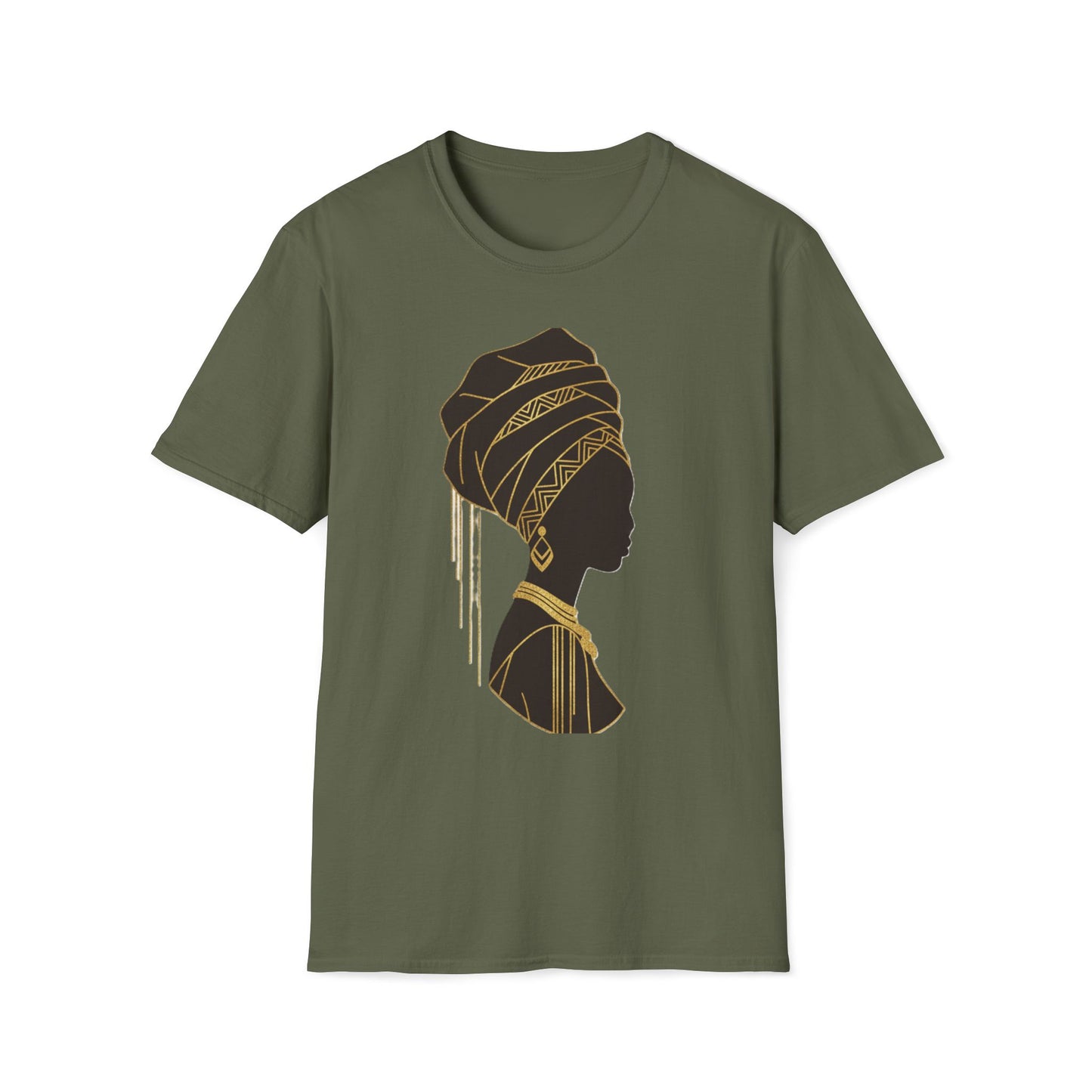 African Goddess Silhouette T-Shirt — Black Woman Profile with Gold Headwrap