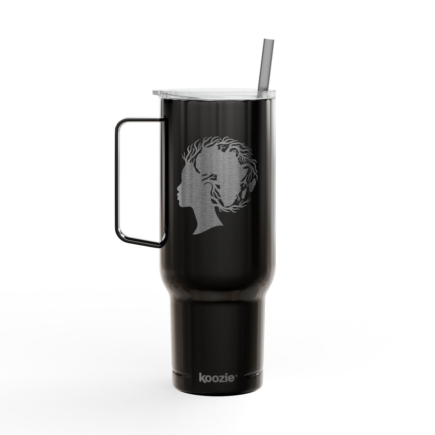 40oz Engraved Insulated Tumbler - Silhouette Woman with Dreadlocks, Travel Mug with Lid & Straw