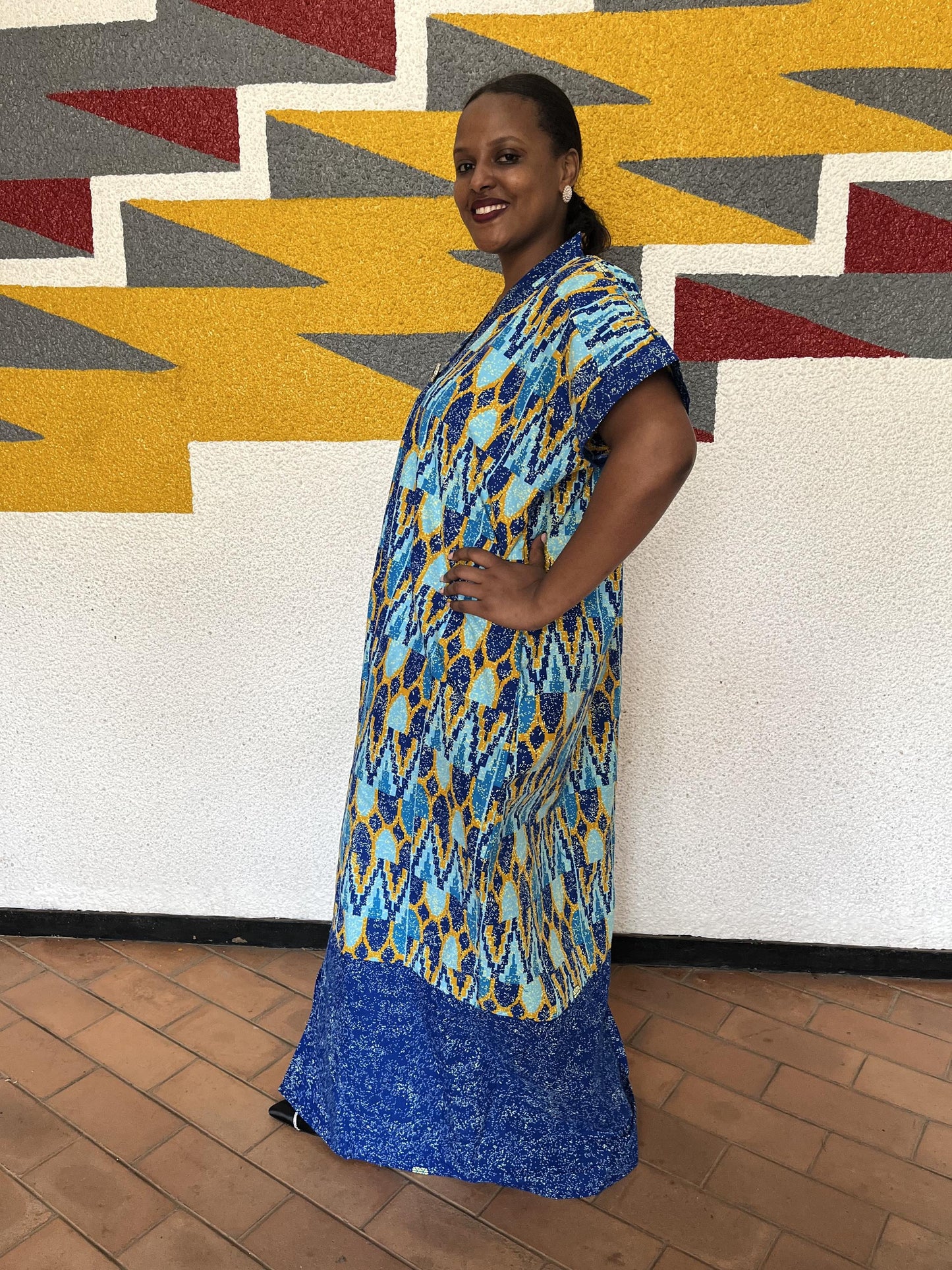 Royal Blue Geometric Shirt Kaftan | Buttoned Chevron-Ikat Boubou, Block-Hem Maxi
