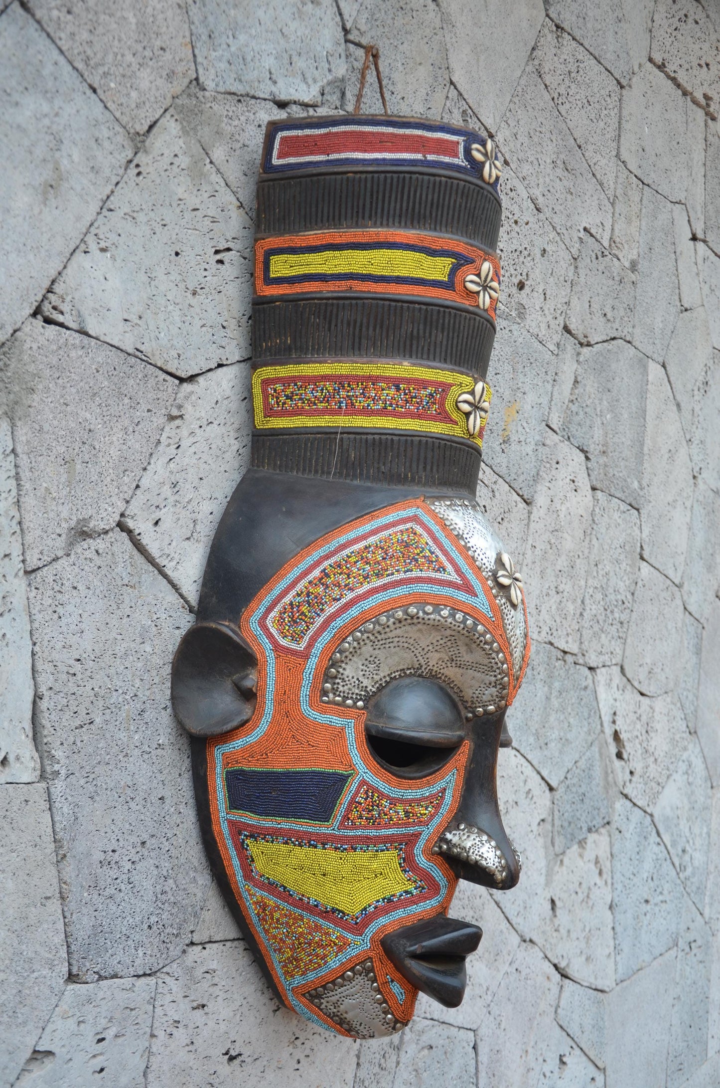 Yoruba Beaded Mask – 38" Large Hand-Carved Wood & Brass Mask – Wall Art