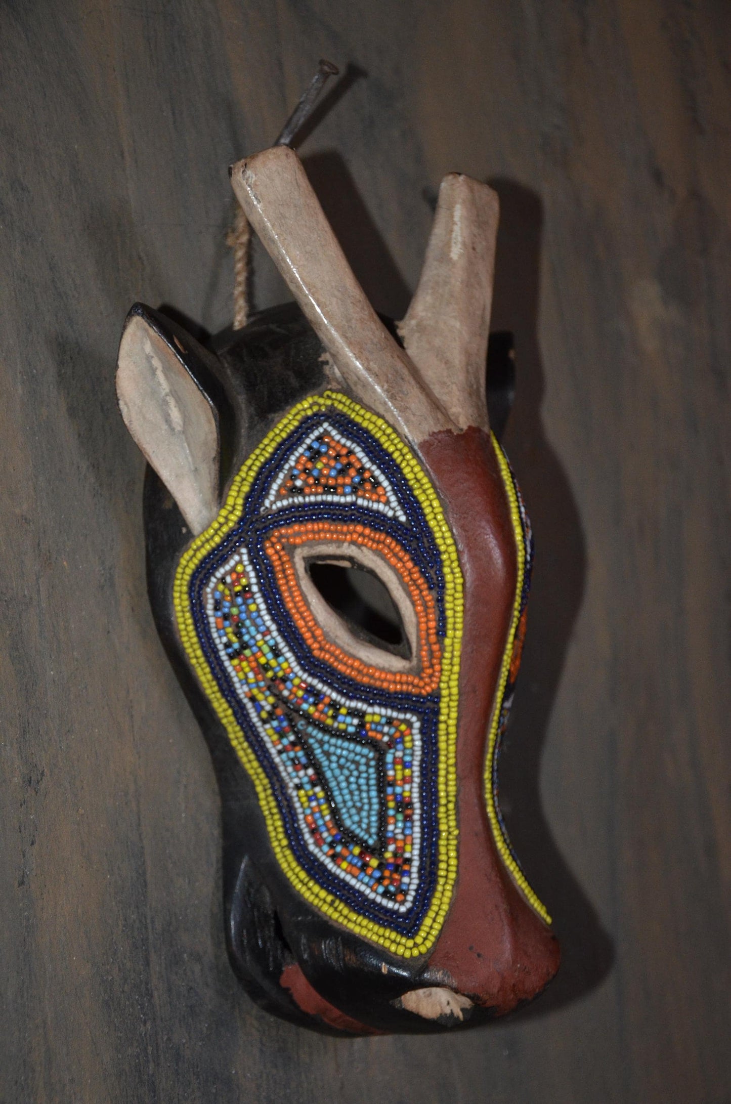 Beaded Antelope Mask – 11" Hand-Carved Wood Tribal Animal Mask – Wall Art.