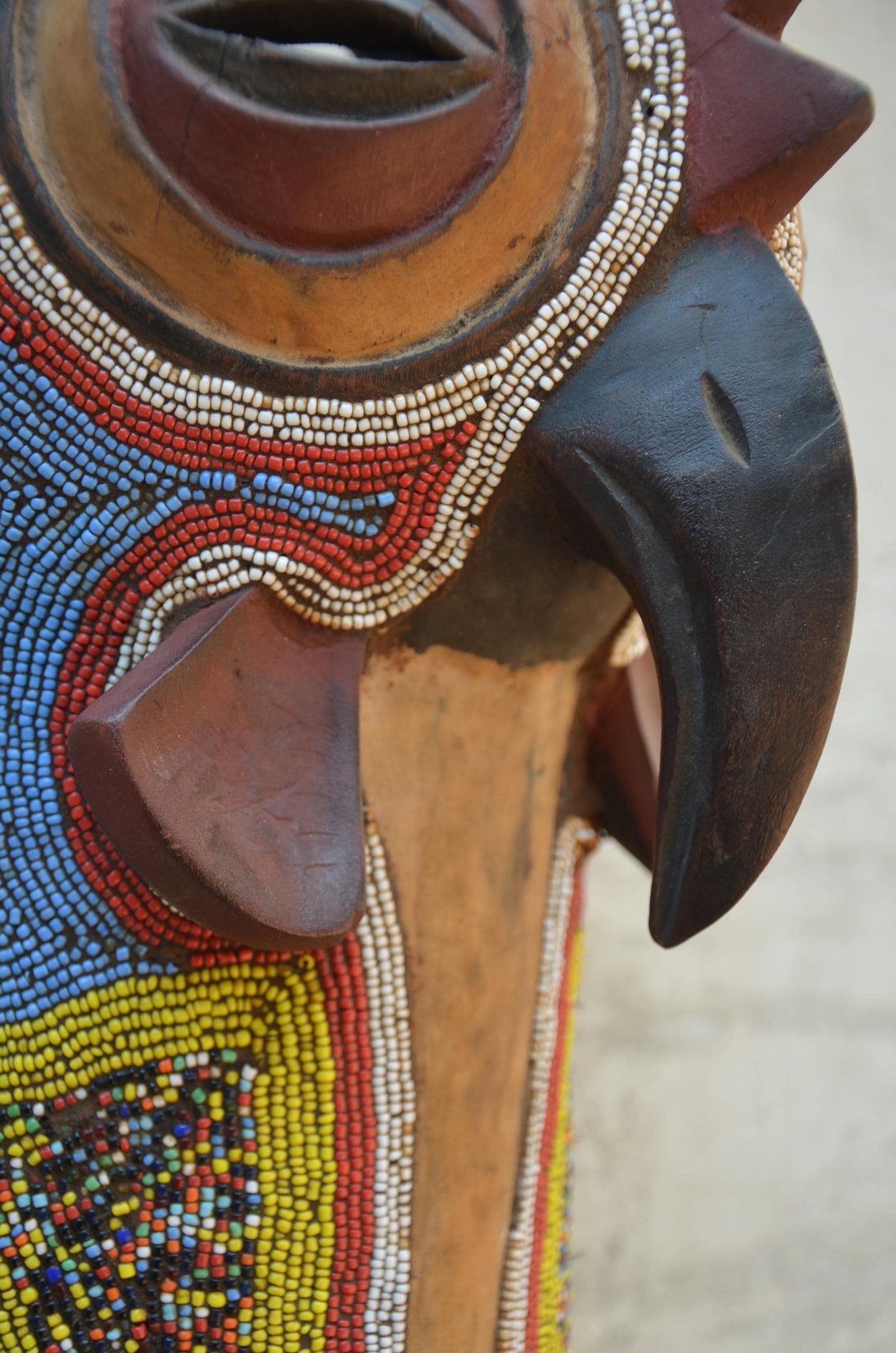 Authentic Cameroon Grassfields Beaded Rooster Mask - 17" Hand-Carved African Zoomorphic Bird Mask, Bamileke Style Beadwork Wall Sculpture.