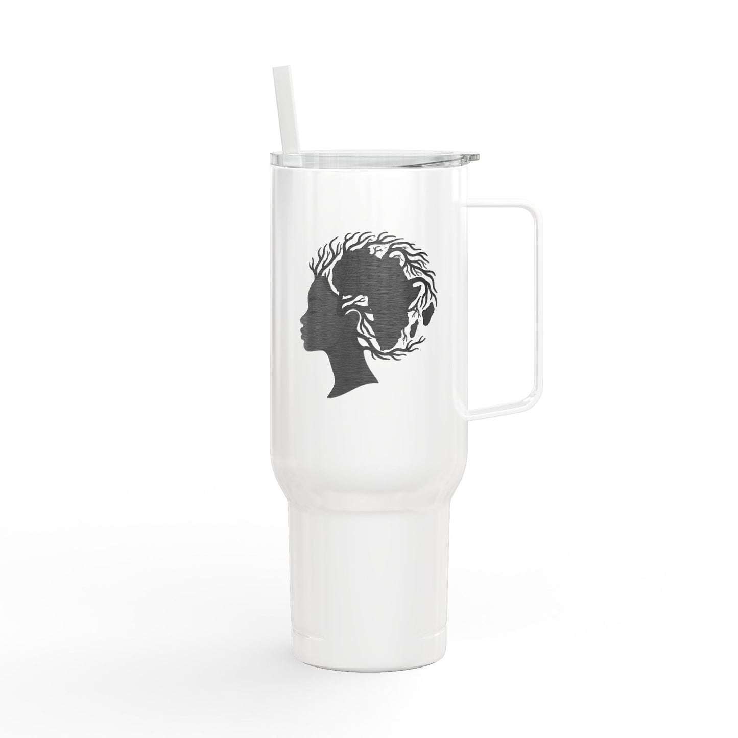 40oz Engraved Insulated Tumbler - Silhouette Woman with Dreadlocks, Travel Mug with Lid & Straw