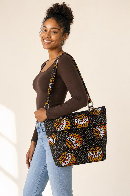 African Print Shoulder Bag, Handmade Large Fabric Tote with Zipper Pocket