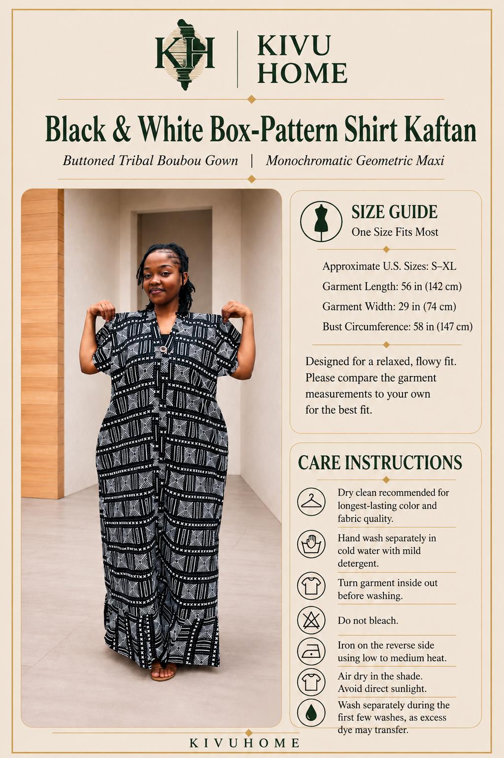 Black & White Box-Pattern Shirt Kaftan | Buttoned Tribal Boubou, Monochromatic Maxi