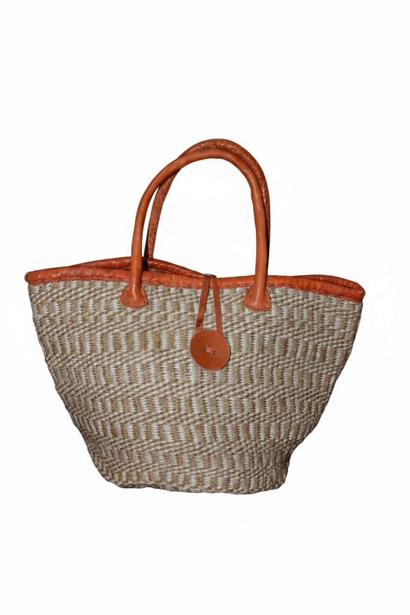 Medium Handwoven Sisal Bag, African Kiondo Basket Tote, Sustainable Boho Everyday Shoulder Bag, 18 Inches