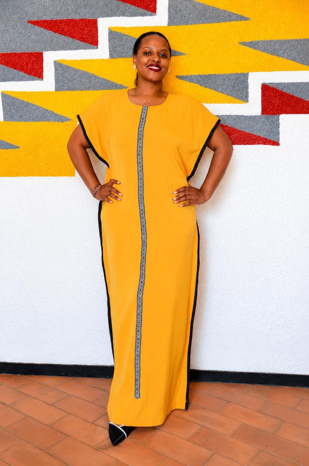 Minimalist Mustard Yellow Boubou Gown | Plain Kaftan with Patterned Placket, Solid Maxi