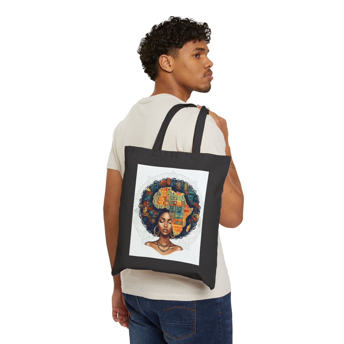 Canvas Tote Bag — Afrocentric Art Portrait Tote, Colorful Cityscape Afro Hair Design