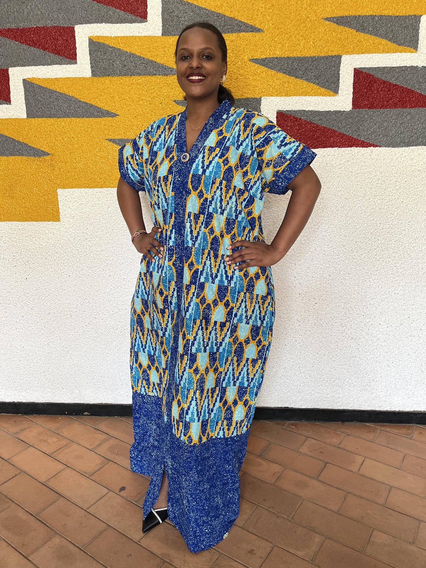 Royal Blue Geometric Shirt Kaftan | Buttoned Chevron-Ikat Boubou, Block-Hem Maxi