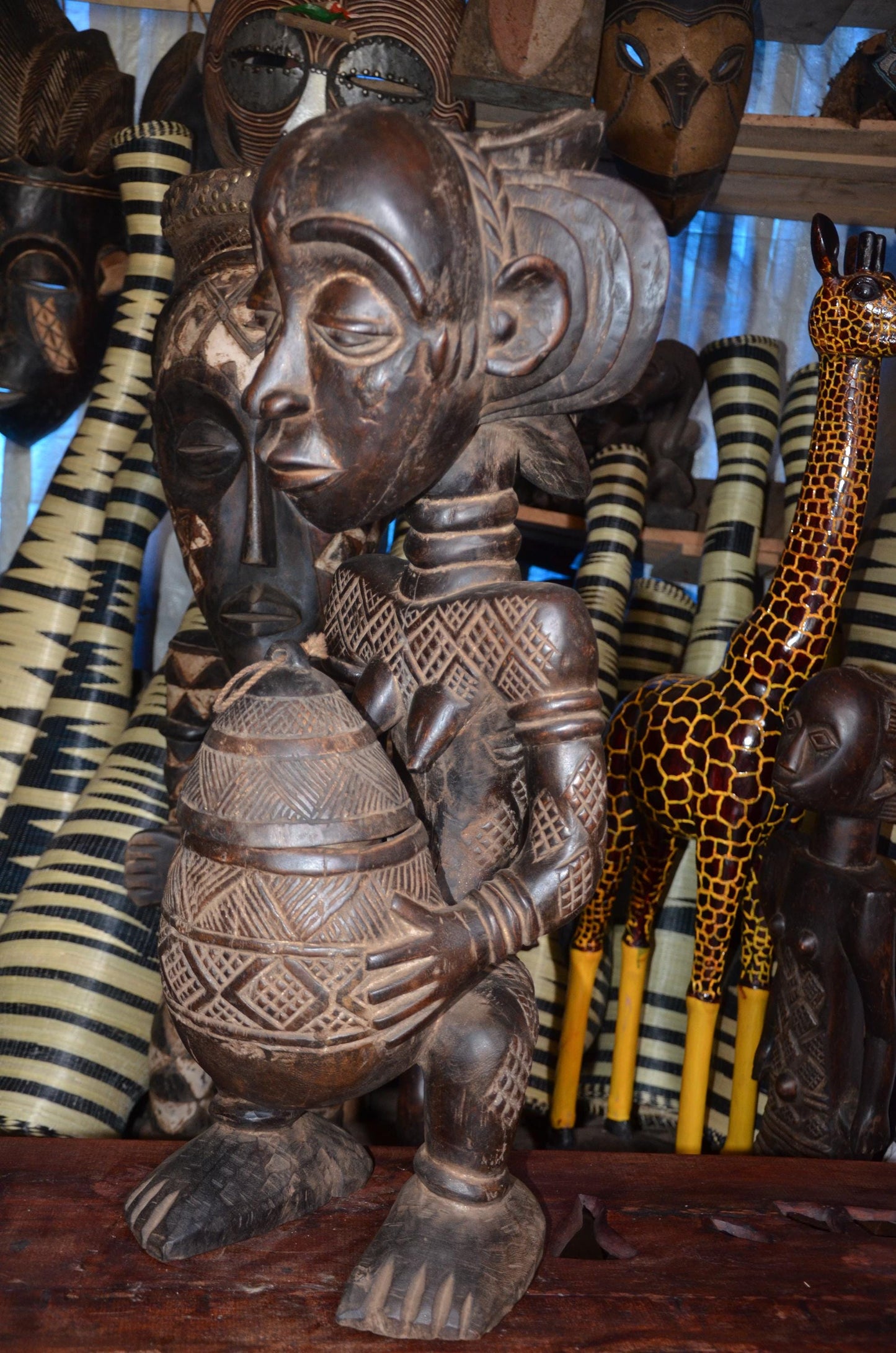 Authentic Luba Bowl Bearer | Mboko Ceremonial Figure | Congolese Tribal Art