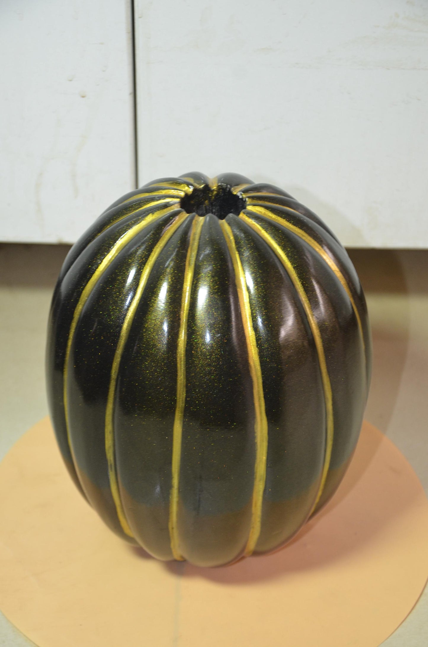 Fluted Wooden Pumpkin Vase | Metallic Bronze Gold Ribbed Vessel