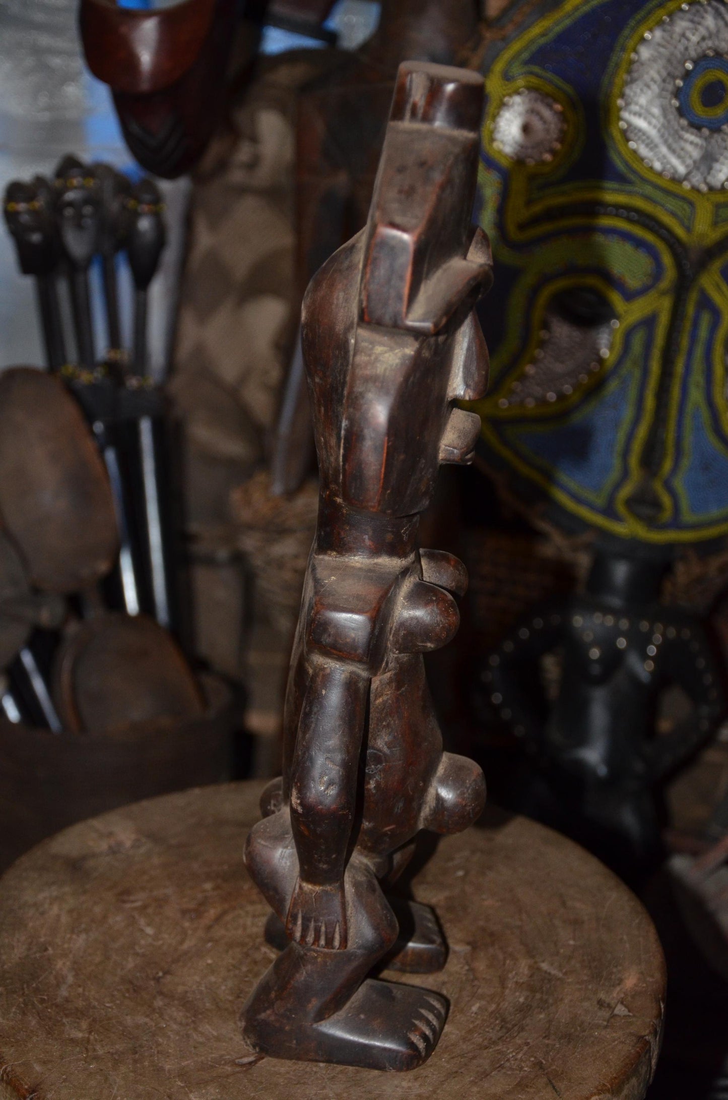 Fang Reliquary Guardian Figure - 17" Authentic Gabon Eyema Byeri Wood Statue, Cubist Geometry Ancestor Carving.