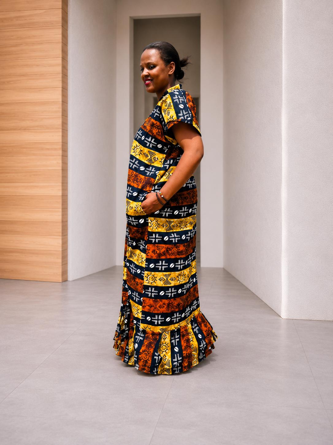 Ankara Shirt Kaftan Gown | Buttoned Boubou Dress, Striped Tribal Maxi