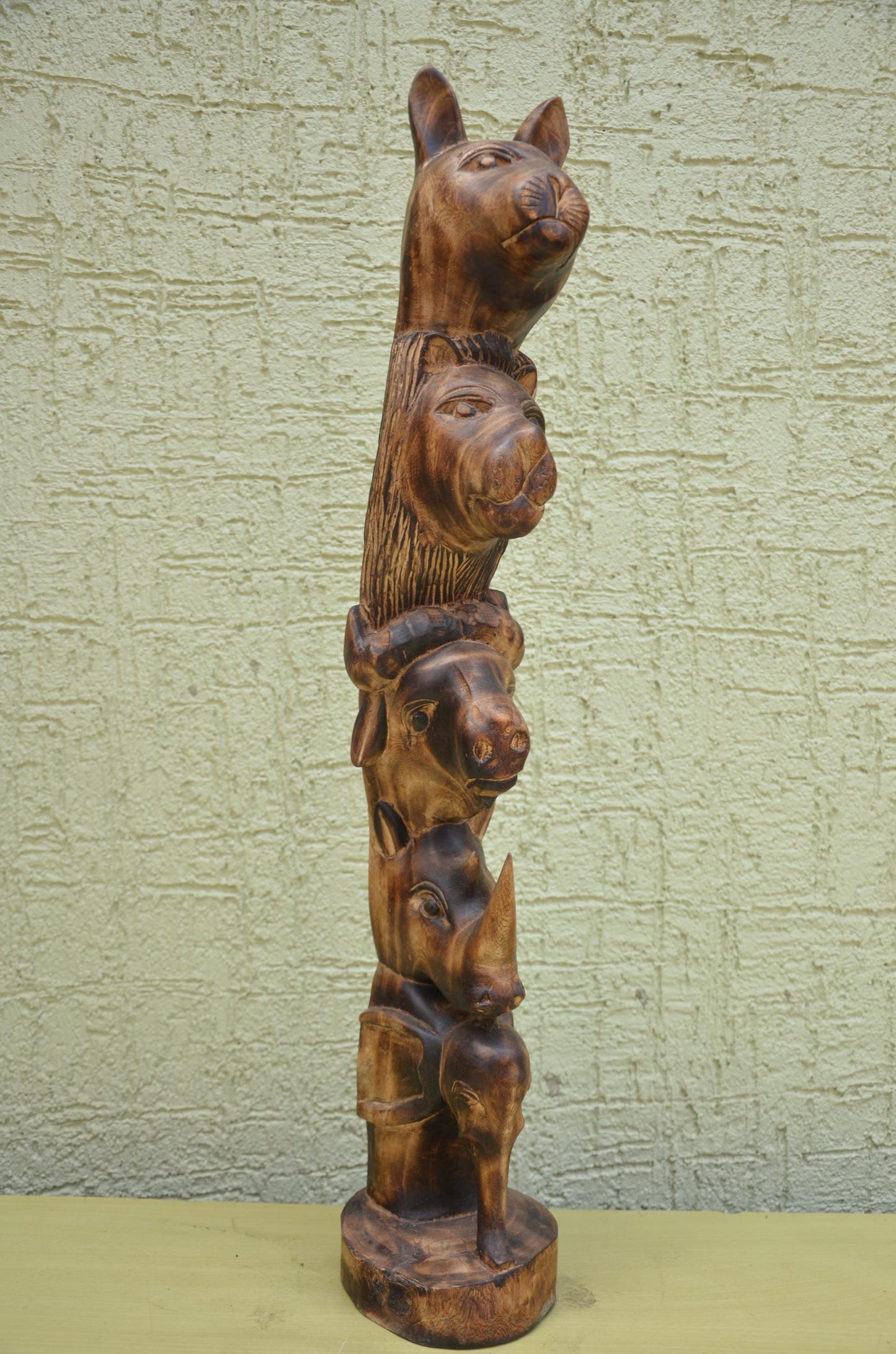 African Wooden Safari Animal Totem Sculpture | Tribal Art