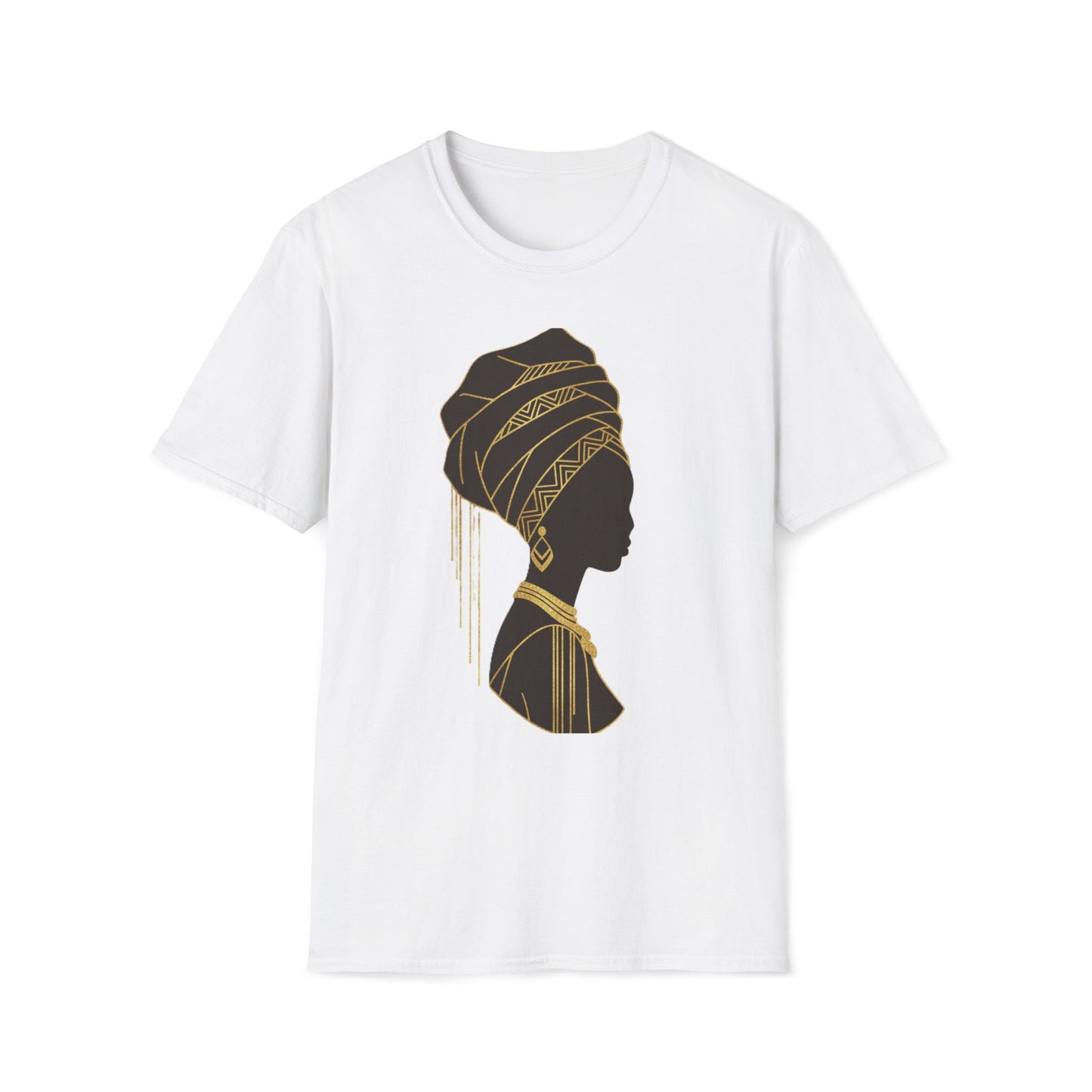 African Goddess Silhouette T-Shirt — Black Woman Profile with Gold Headwrap