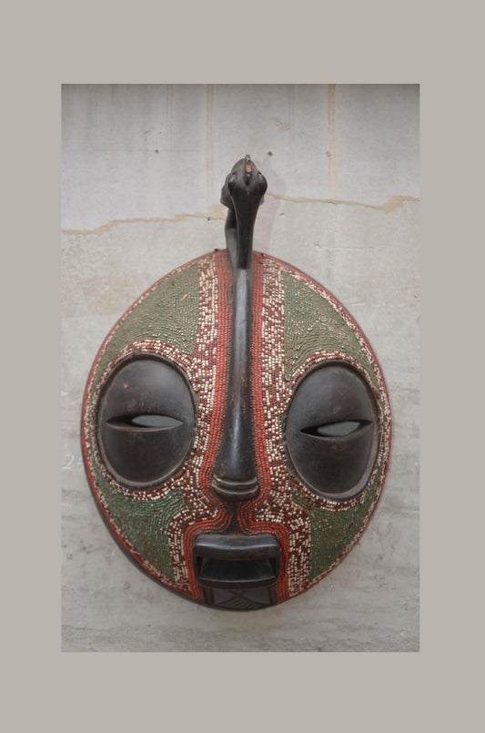 Authentic Beaded Luba Kifwebe Mask - 20" Hand-Carved Wood Striated African Mask, Congo Tribal Art, Glass Bead Accents Luxury Statement Piece