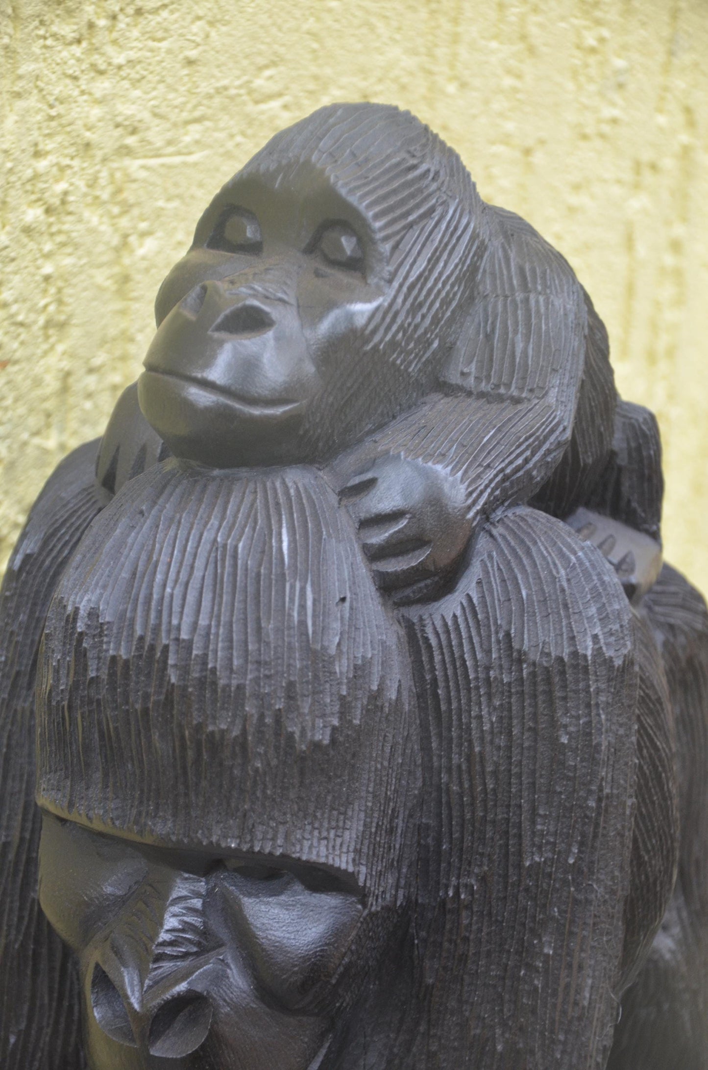 Hand-Carved African Mother and Baby Gorilla Wood Sculpture
