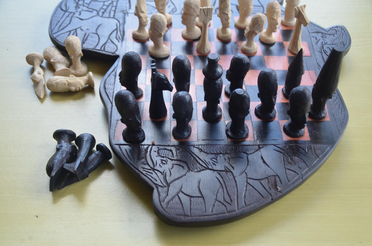 Makonde Animal-Themed Hand-Carved Wooden Chess Set | Tanzanian & Kenyan Artisan Game Board