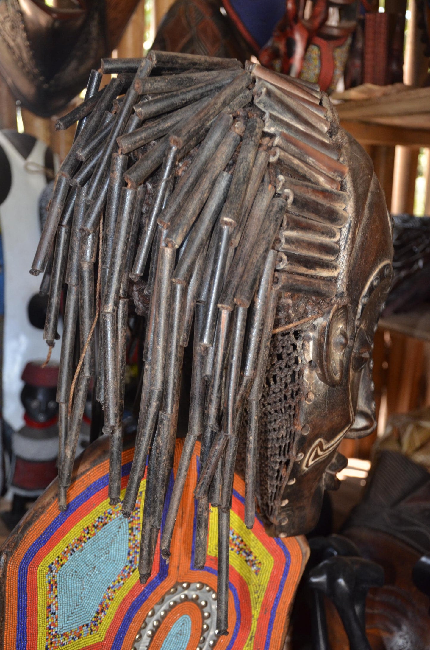Authentic African Chokwe Mwana Pwo Mask - 19" Beaded Stand Display, Metallic Stud Details, Elegant Angola Tribal Wood Carving.