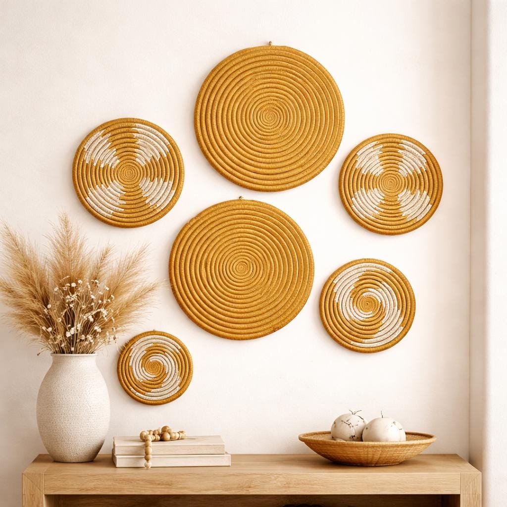 Set of 6 Handwoven Round Wall Baskets – Gold & White Floral Sisal Decor