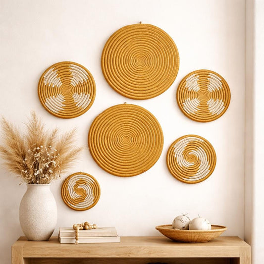 Set of 6 Handwoven Round Wall Baskets – Gold & White Floral Sisal Decor