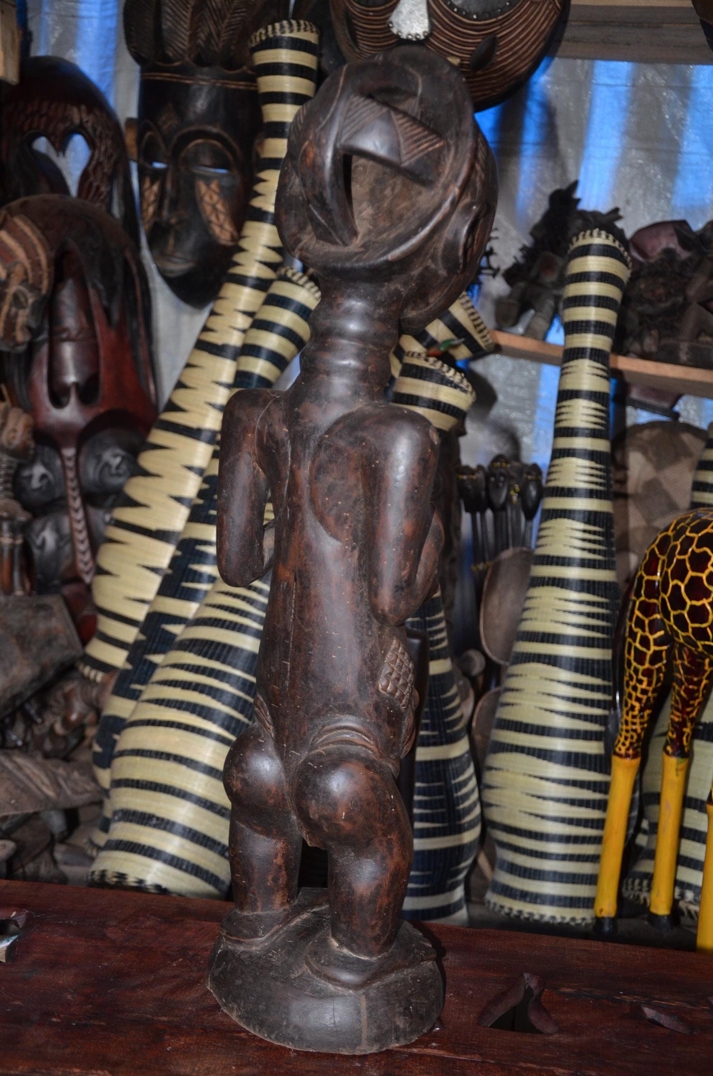 Luba Female Ancestor Fertility Figure - 29" Authentic Congo Wood Statue, Intricate Body Scarification, Prestige Tribal Art.