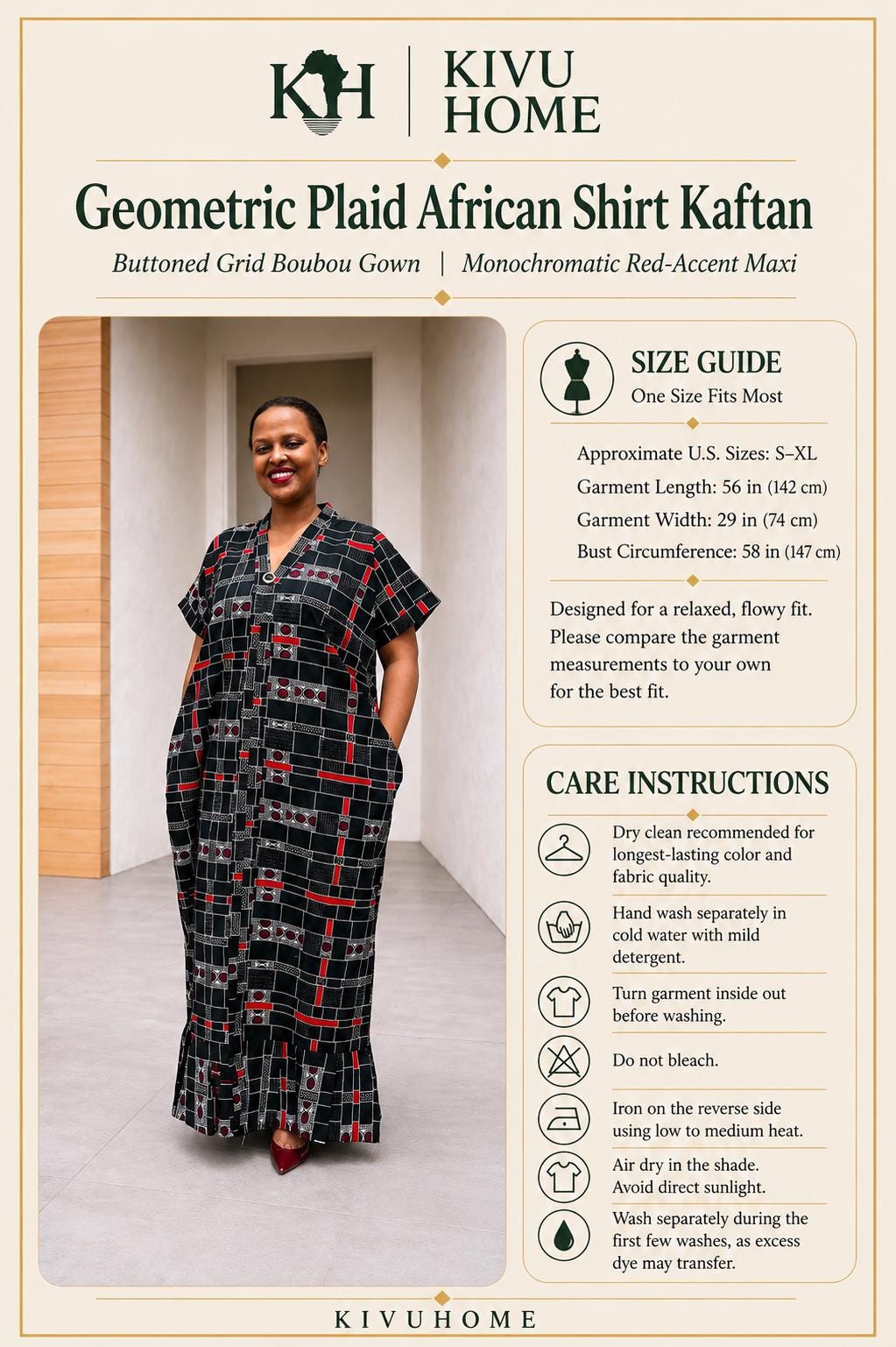 Geometric Plaid African Shirt Kaftan | Buttoned Grid Boubou, Monochromatic Maxi