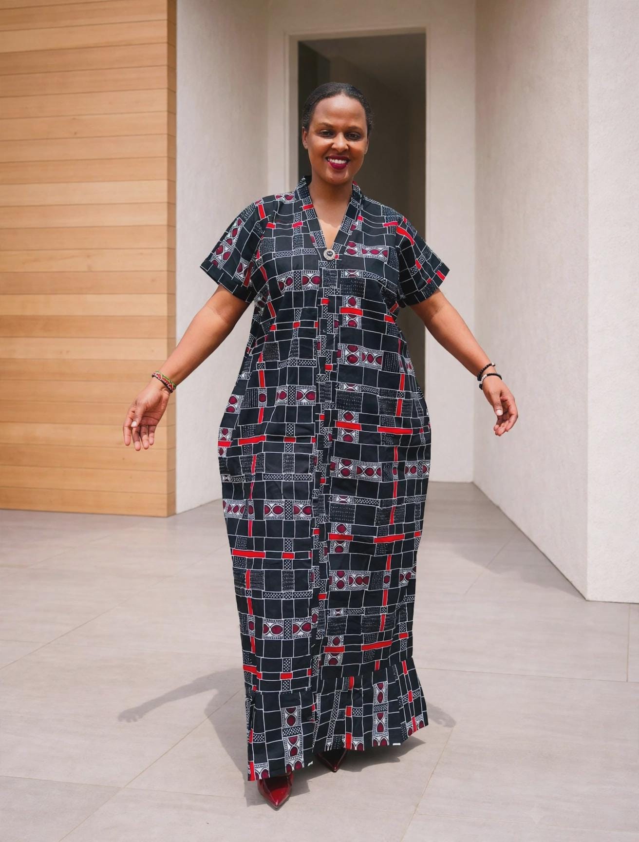 Geometric Plaid African Shirt Kaftan | Buttoned Grid Boubou, Monochromatic Maxi