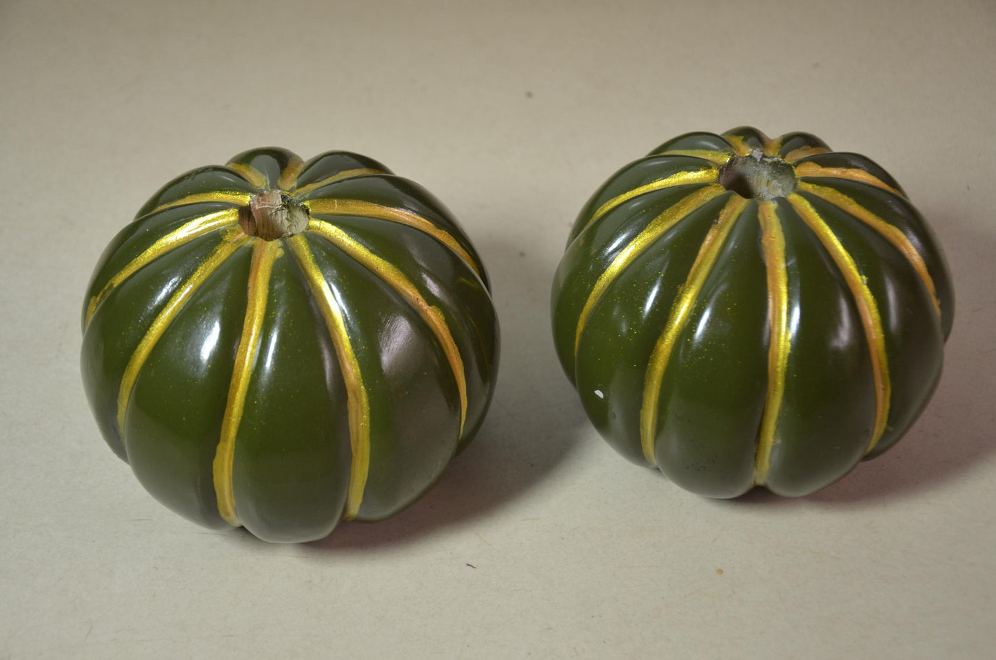 Set of 2 Fluted Green Pumpkin Vases | Metallic Olive Gold Ribbed Vessel Duo | Modern Nordic Home Decor Accent | Handcrafted Wood Art