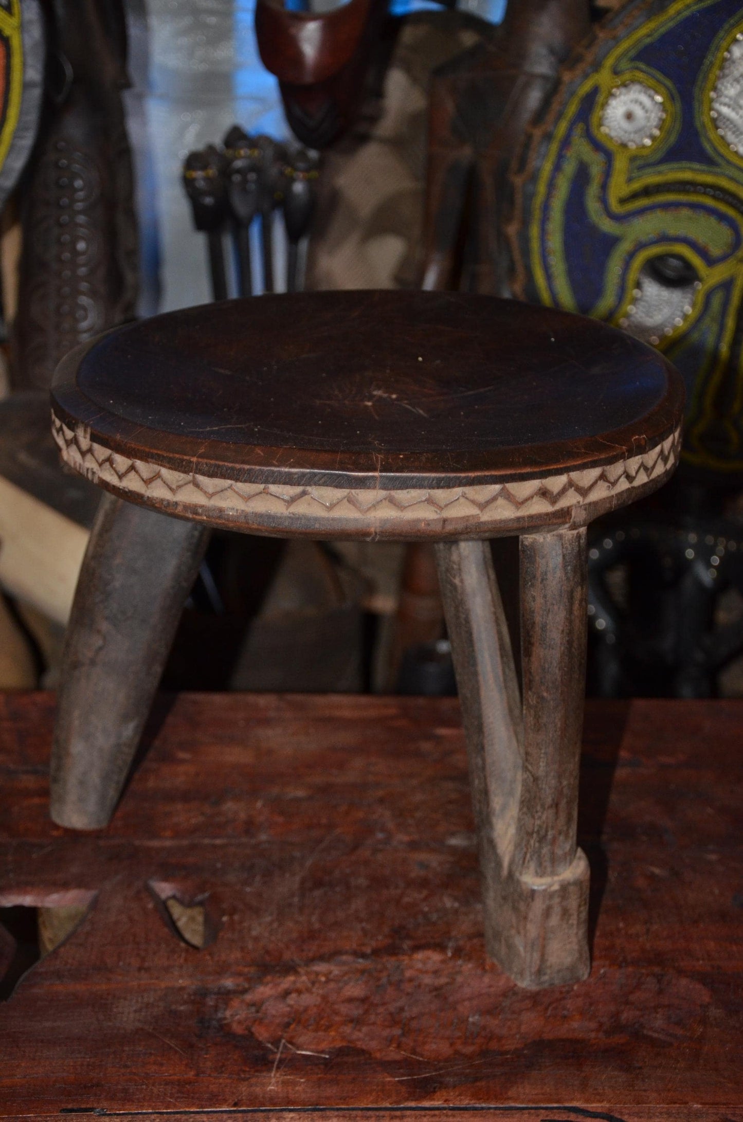 Authentic Kamba / Senufo Three-Legged Stool - 14" Hand-Carved African Wood Prestige Stool, Incised Geometric Rim.