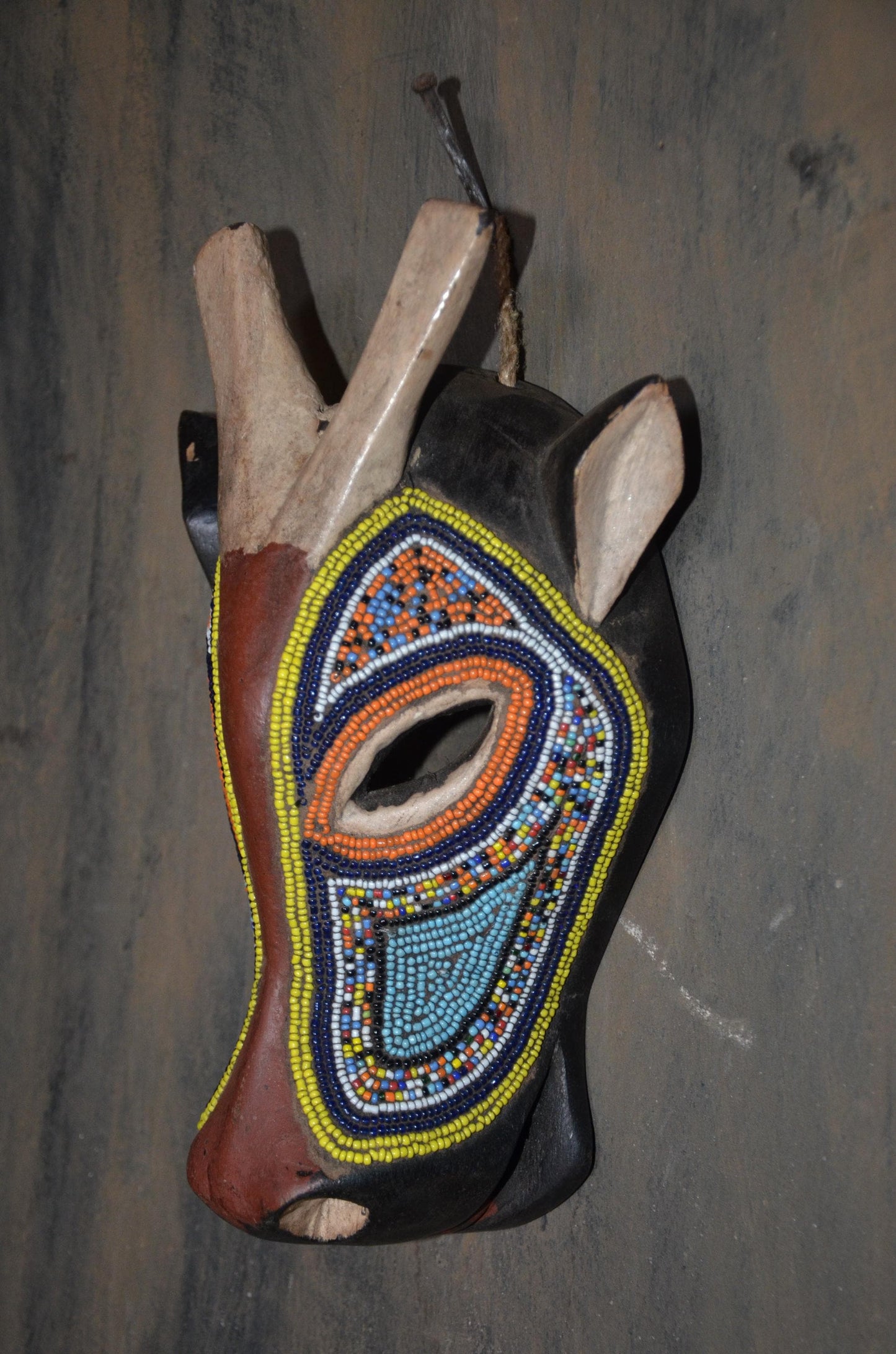 Beaded Antelope Mask – 11" Hand-Carved Wood Tribal Animal Mask – Wall Art.