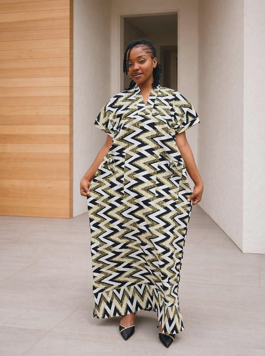 Zigzag Print Boubou Gown | Monochrome Ankara Maxi Dress, One-Size Kaftan